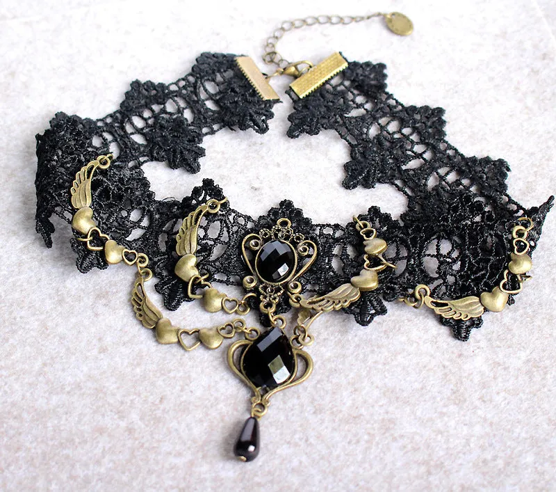 Nightclub Lace Heart Necklace with Gemstone Wing Pendant
