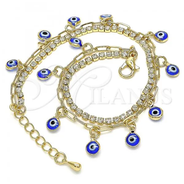Oro Laminado Charm Anklet , Gold Filled Style Evil Eye and Paperclip Design, with White Crystal, Blue Resin Finish, Golden Finish, 03.372.0012.10