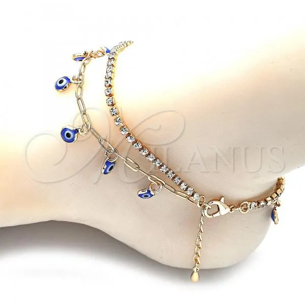 Oro Laminado Charm Anklet , Gold Filled Style Evil Eye and Paperclip Design, with White Crystal, Blue Resin Finish, Golden Finish, 03.372.0012.10