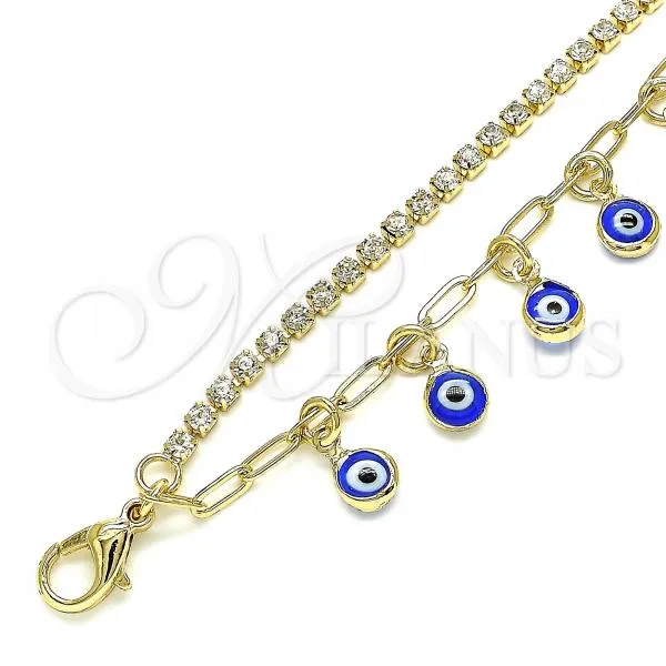 Oro Laminado Charm Anklet , Gold Filled Style Evil Eye and Paperclip Design, with White Crystal, Blue Resin Finish, Golden Finish, 03.372.0012.10
