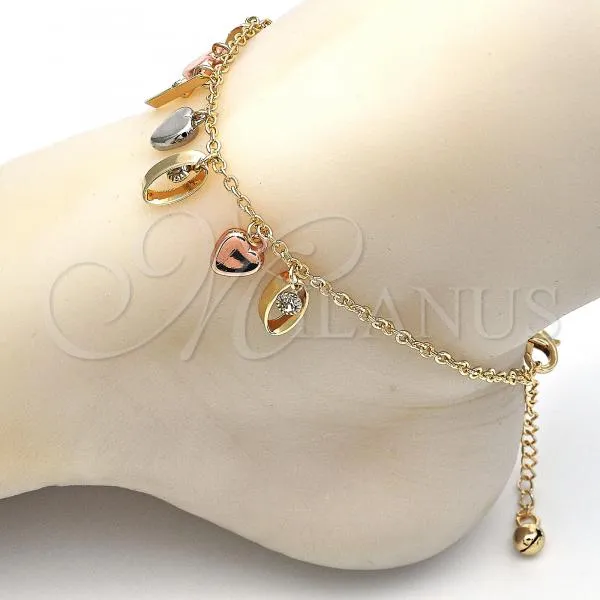 Oro Laminado Charm Anklet , Gold Filled Style Heart Design, with White Crystal, Polished, Tricolor, 03.331.0023.10