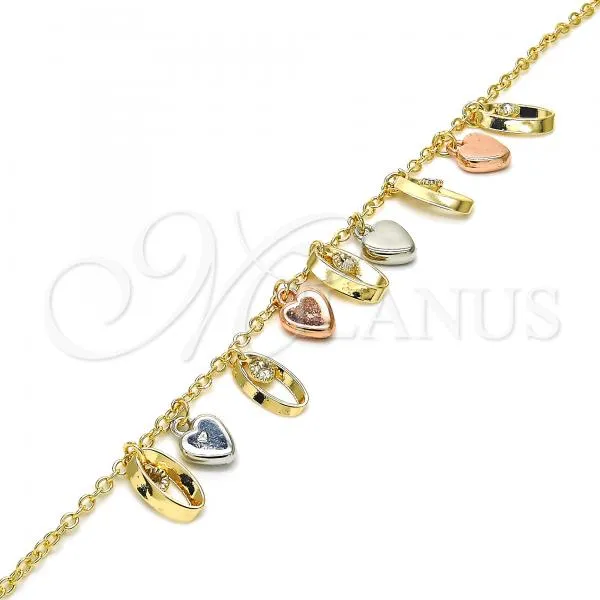 Oro Laminado Charm Anklet , Gold Filled Style Heart Design, with White Crystal, Polished, Tricolor, 03.331.0023.10