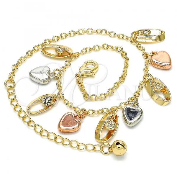 Oro Laminado Charm Anklet , Gold Filled Style Heart Design, with White Crystal, Polished, Tricolor, 03.331.0023.10