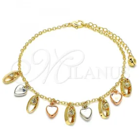 Oro Laminado Charm Anklet , Gold Filled Style Heart Design, with White Crystal, Polished, Tricolor, 03.331.0023.10