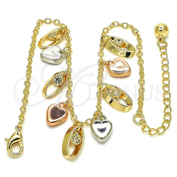 Oro Laminado Charm Anklet , Gold Filled Style Heart Design, with White Crystal, Polished, Tricolor, 03.331.0023.10