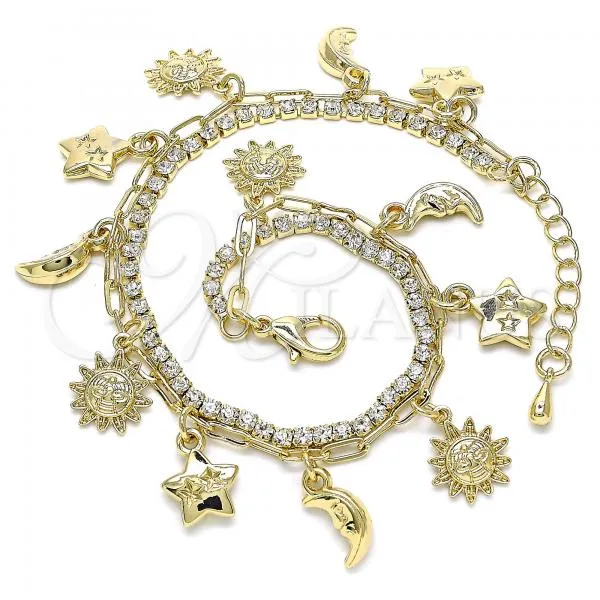 Oro Laminado Charm Anklet , Gold Filled Style Sun and Moon Design, with White Crystal, Polished, Golden Finish, 03.372.0010.10