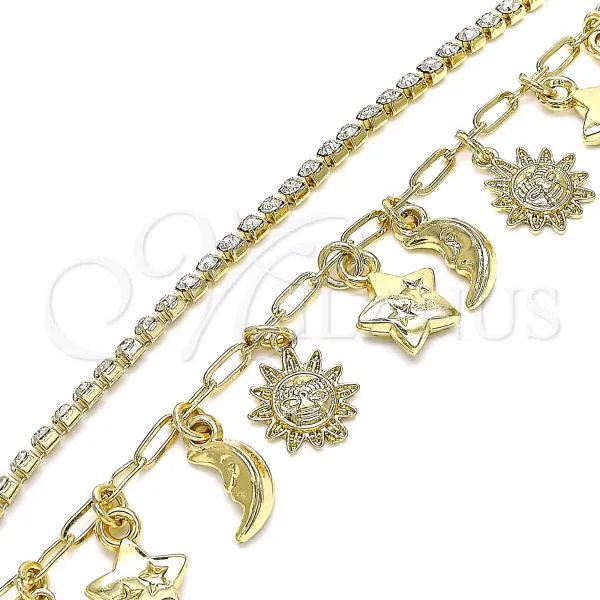 Oro Laminado Charm Anklet , Gold Filled Style Sun and Moon Design, with White Crystal, Polished, Golden Finish, 03.372.0010.10