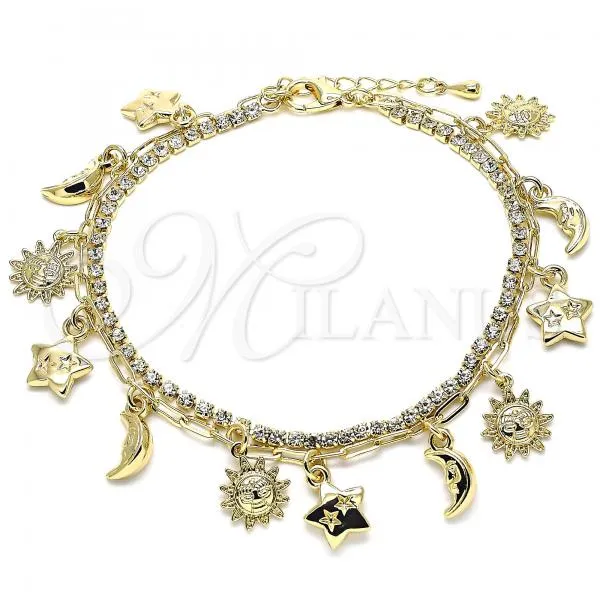 Oro Laminado Charm Anklet , Gold Filled Style Sun and Moon Design, with White Crystal, Polished, Golden Finish, 03.372.0010.10