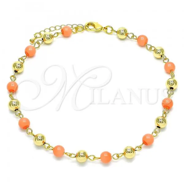 Oro Laminado Fancy Anklet, Gold Filled Style Ball Design, with Pink Pearl, Polished, Golden Finish, 03.63.2227.2.10