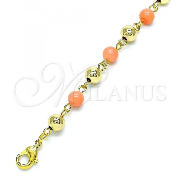 Oro Laminado Fancy Anklet, Gold Filled Style Ball Design, with Pink Pearl, Polished, Golden Finish, 03.63.2227.2.10
