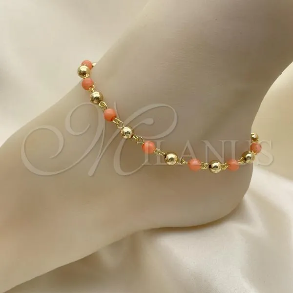 Oro Laminado Fancy Anklet, Gold Filled Style Ball Design, with Pink Pearl, Polished, Golden Finish, 03.63.2227.2.10