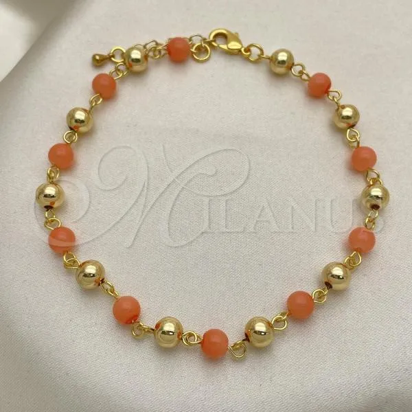 Oro Laminado Fancy Anklet, Gold Filled Style Ball Design, with Pink Pearl, Polished, Golden Finish, 03.63.2227.2.10