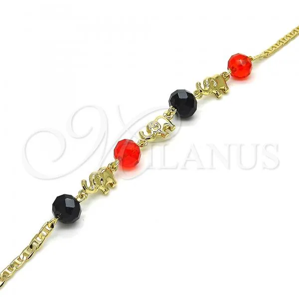 Oro Laminado Fancy Anklet, Gold Filled Style Elephant Design, with Black and Garnet Crystal, Polished, Golden Finish, 03.213.0043.10