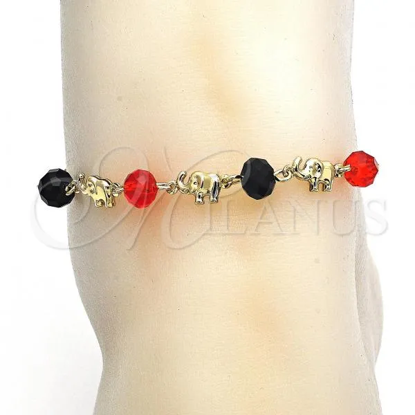 Oro Laminado Fancy Anklet, Gold Filled Style Elephant Design, with Black and Garnet Crystal, Polished, Golden Finish, 03.213.0043.10
