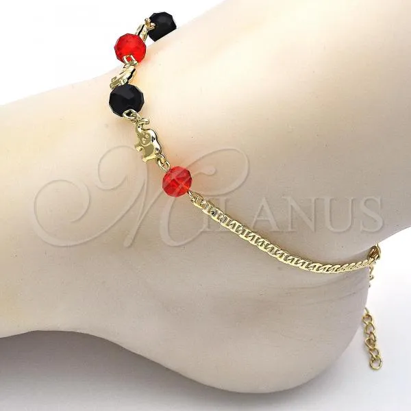 Oro Laminado Fancy Anklet, Gold Filled Style Elephant Design, with Black and Garnet Crystal, Polished, Golden Finish, 03.213.0043.10