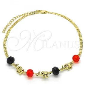 Oro Laminado Fancy Anklet, Gold Filled Style Elephant Design, with Black and Garnet Crystal, Polished, Golden Finish, 03.213.0043.10