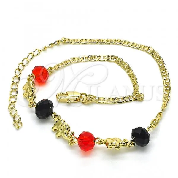 Oro Laminado Fancy Anklet, Gold Filled Style Elephant Design, with Black and Garnet Crystal, Polished, Golden Finish, 03.213.0043.10