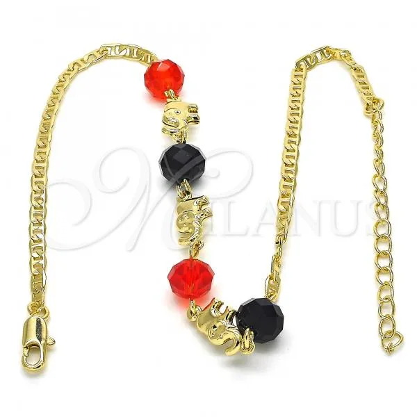 Oro Laminado Fancy Anklet, Gold Filled Style Elephant Design, with Black and Garnet Crystal, Polished, Golden Finish, 03.213.0043.10