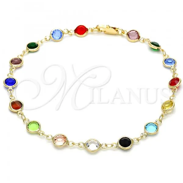 Oro Laminado Fancy Anklet, Gold Filled Style with Multicolor Crystal, Polished, Golden Finish, 03.326.0001.10