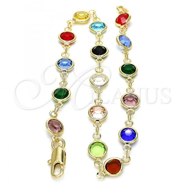 Oro Laminado Fancy Anklet, Gold Filled Style with Multicolor Crystal, Polished, Golden Finish, 03.326.0001.10