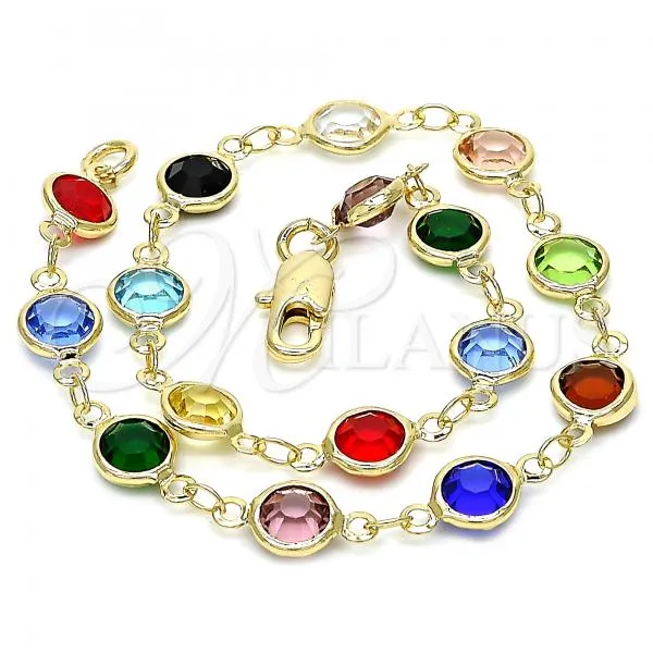 Oro Laminado Fancy Anklet, Gold Filled Style with Multicolor Crystal, Polished, Golden Finish, 03.326.0001.10