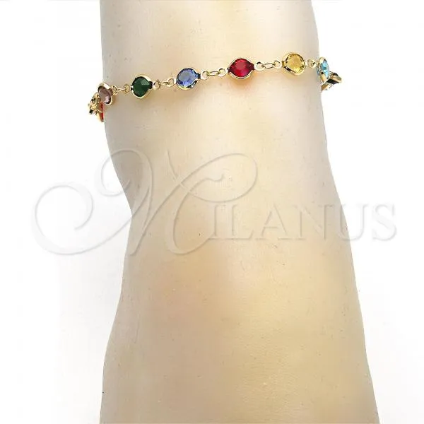 Oro Laminado Fancy Anklet, Gold Filled Style with Multicolor Crystal, Polished, Golden Finish, 03.326.0001.10