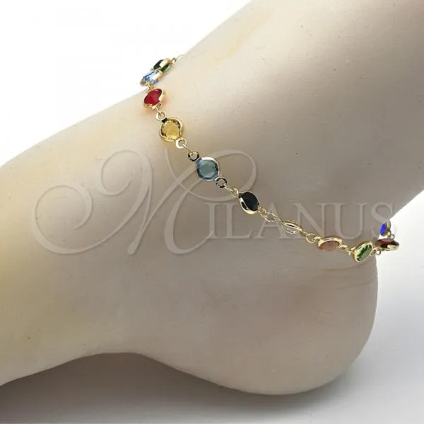 Oro Laminado Fancy Anklet, Gold Filled Style with Multicolor Crystal, Polished, Golden Finish, 03.326.0001.10