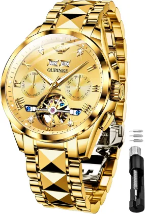 OUPINKE Men's Skeleton Mechanical Watches Luxury Dress Automatic Self Winding Sapphire Crystal Waterproof Tungsten Steel Band Wrist Watches