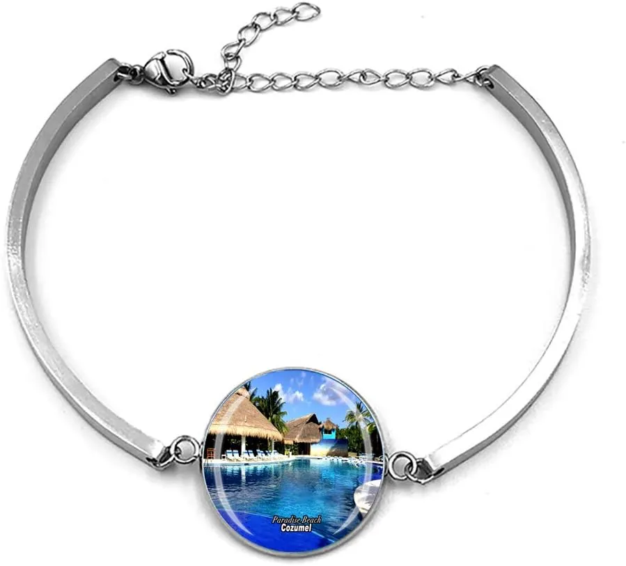 Paradise Beach Cozumel Mexico Bracelet Metal Chain Crystal Wristband Souvenir,Fashion Stainless Steel Bracelet for Man & Woman Special Day's Gift