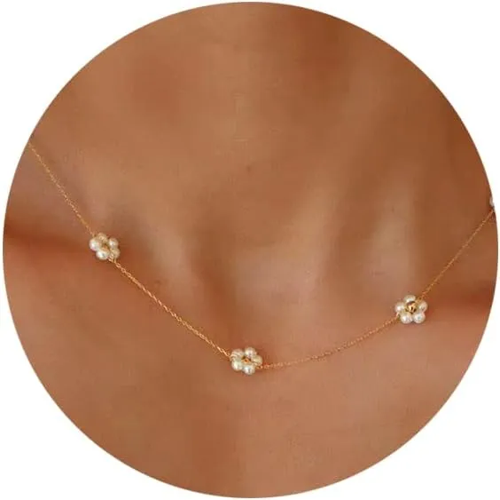Pearl Necklaces for Women, Dainty Gold Necklace 14k Gold Plated Cute Pearl Necklace Simple Flower Choker Necklaces Trendy Short Gold Necklace Jewelry for Women