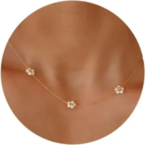 Pearl Necklaces for Women, Dainty Gold Necklace 14k Gold Plated Cute Pearl Necklace Simple Flower Choker Necklaces Trendy Short Gold Necklace Jewelry for Women