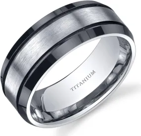 PEORA Classic Men's Genuine Titanium Wedding Band Ring, Black and Silver Tone, 8mm Beveled Edge Comfort Fit, Sizes 8 to 13