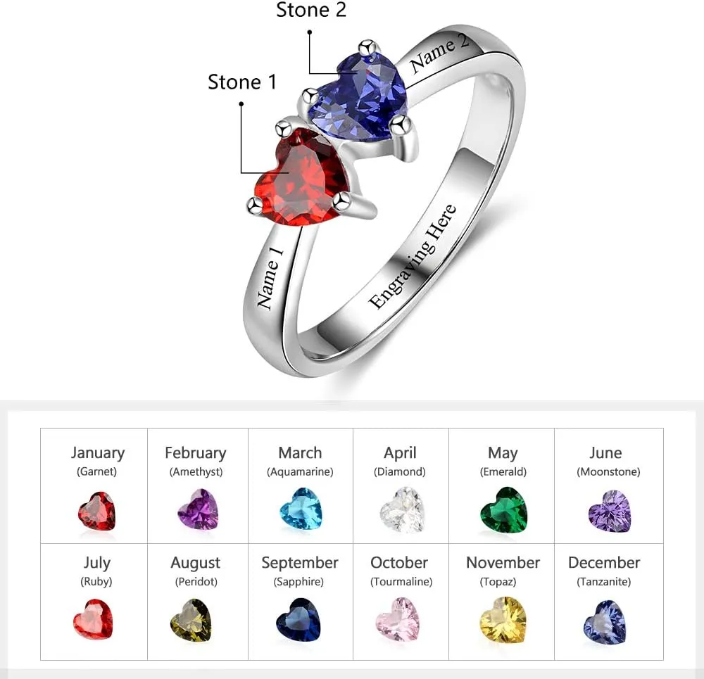 Personalized Mothers Ring, Custom 2 Heart Simulated Birthstones Ring Engraved Names Engagement Rings Promise Rings for Women