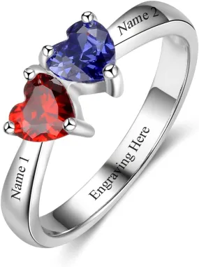 Personalized Mothers Ring, Custom 2 Heart Simulated Birthstones Ring Engraved Names Engagement Rings Promise Rings for Women