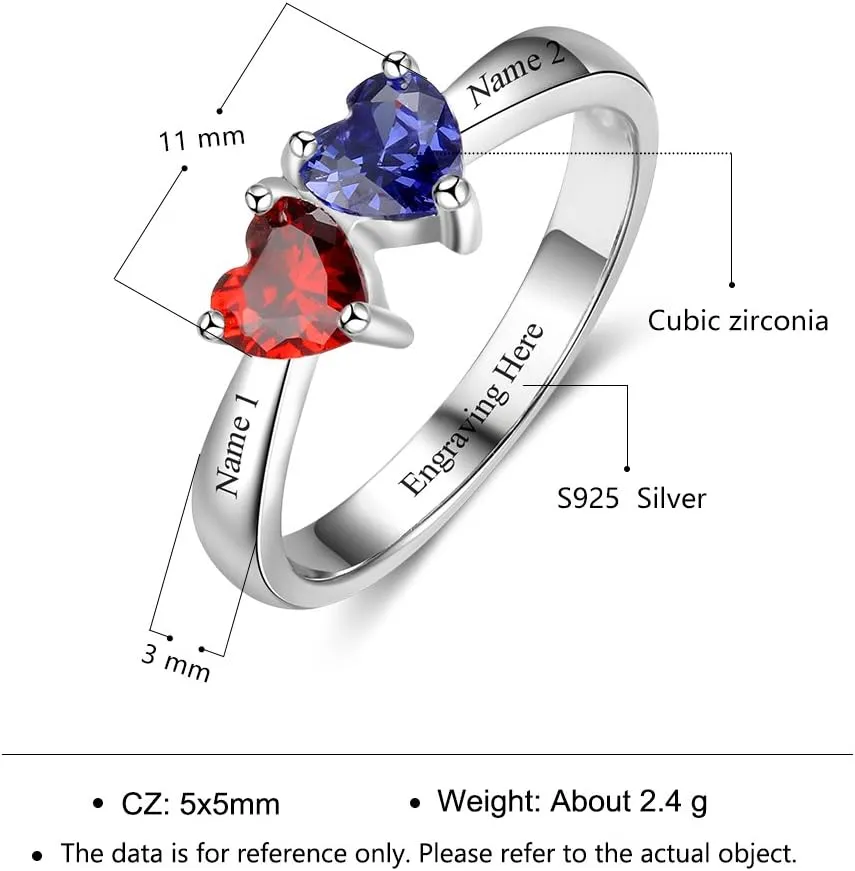 Personalized Mothers Ring, Custom 2 Heart Simulated Birthstones Ring Engraved Names Engagement Rings Promise Rings for Women