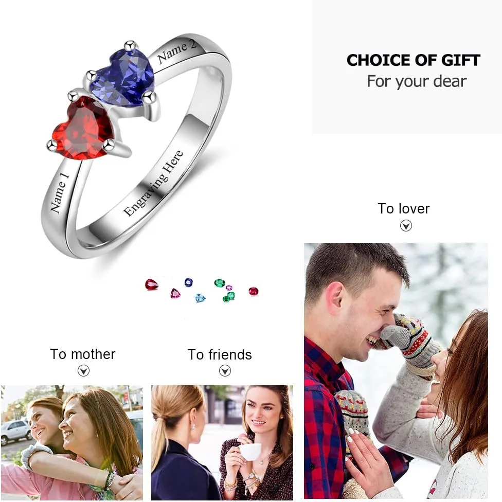 Personalized Mothers Ring, Custom 2 Heart Simulated Birthstones Ring Engraved Names Engagement Rings Promise Rings for Women