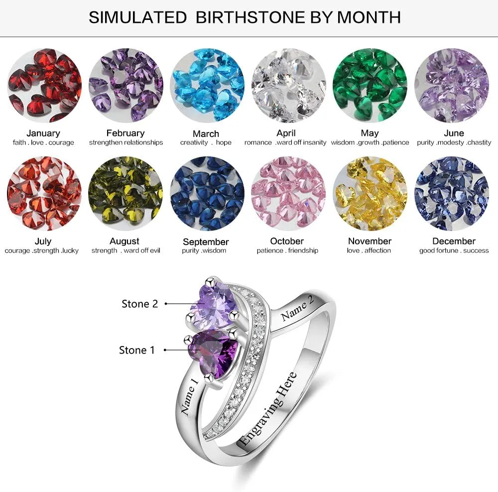 Personalized Name Rings 2 Simulated Birthstones Promise Rings for Her Women Couple Engagement Rings Band