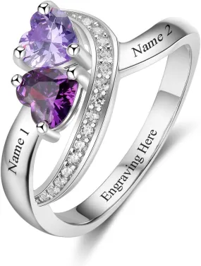 Personalized Name Rings 2 Simulated Birthstones Promise Rings for Her Women Couple Engagement Rings Band