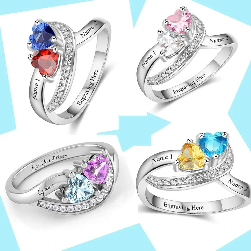 Personalized Name Rings 2 Simulated Birthstones Promise Rings for Her Women Couple Engagement Rings Band