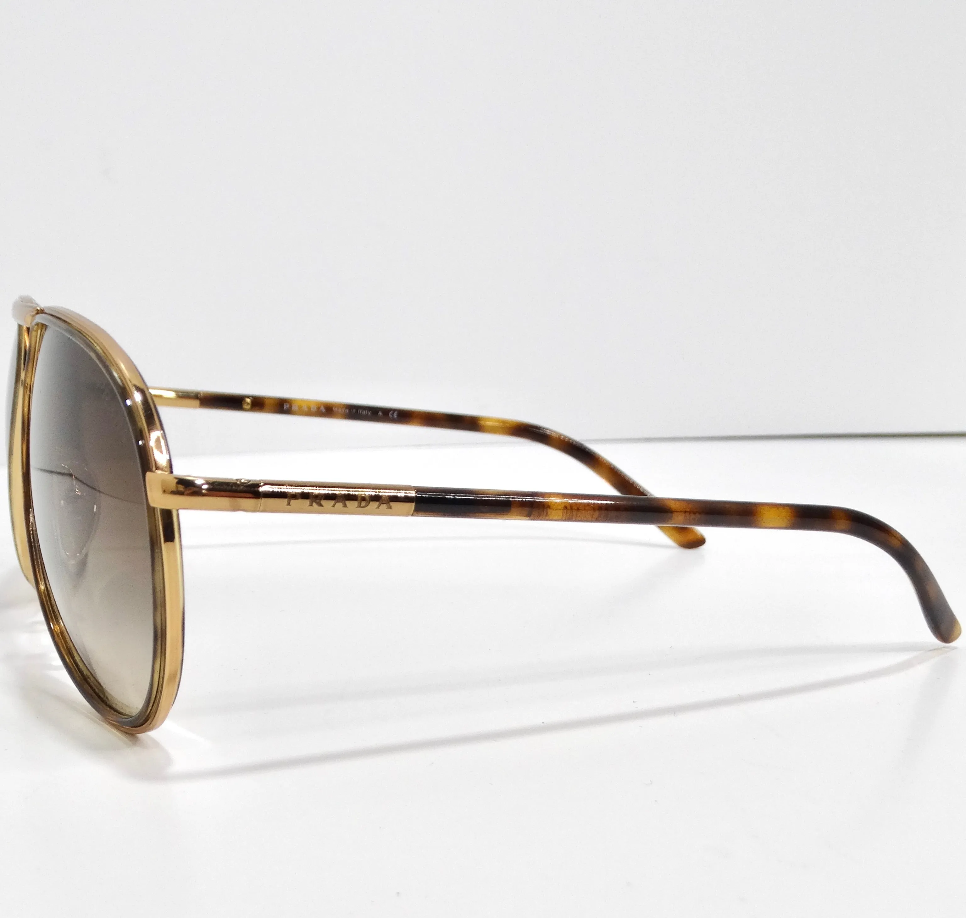 Prada 1990s Gold Tone Tortoise Shell Aviator Sunglasses