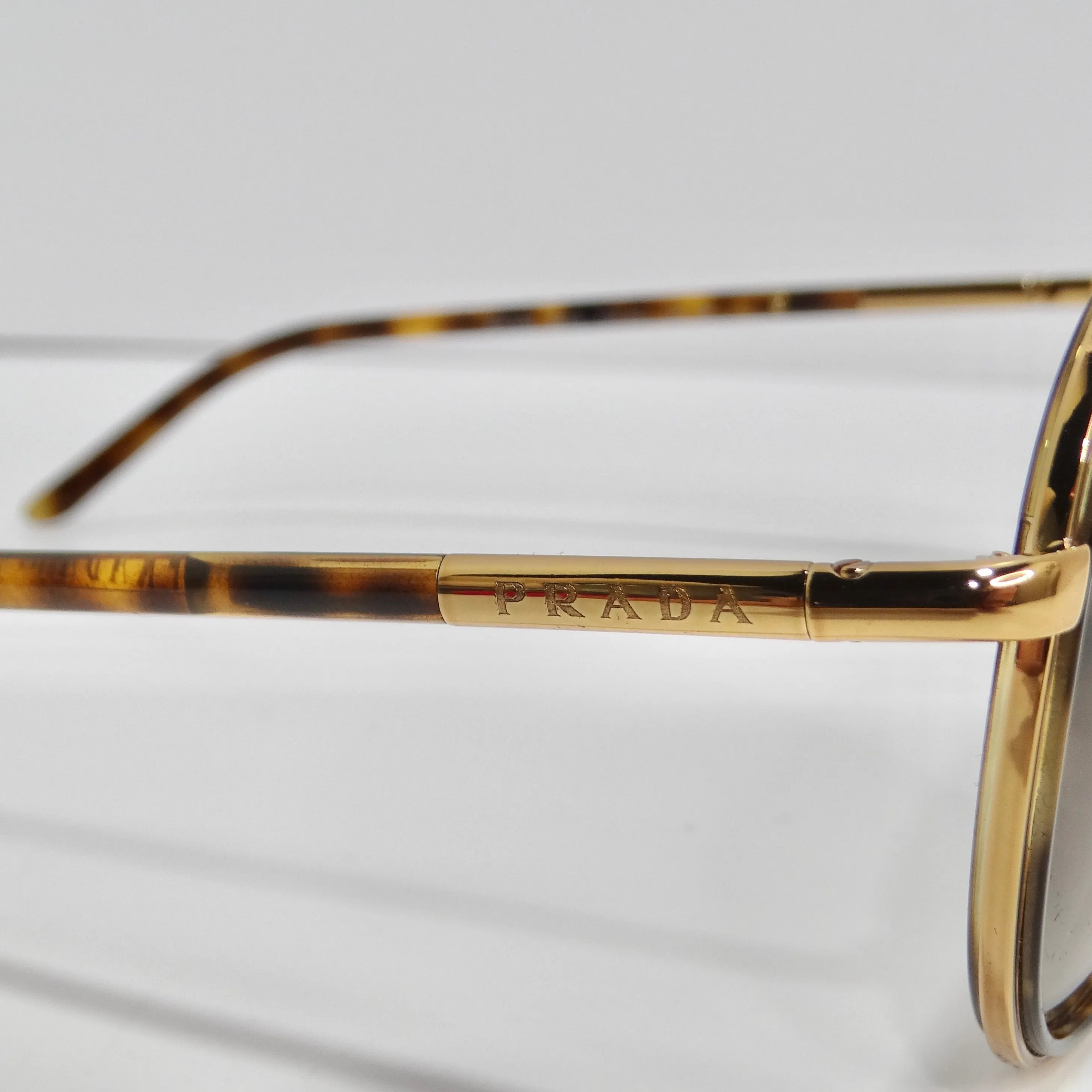 Prada 1990s Gold Tone Tortoise Shell Aviator Sunglasses