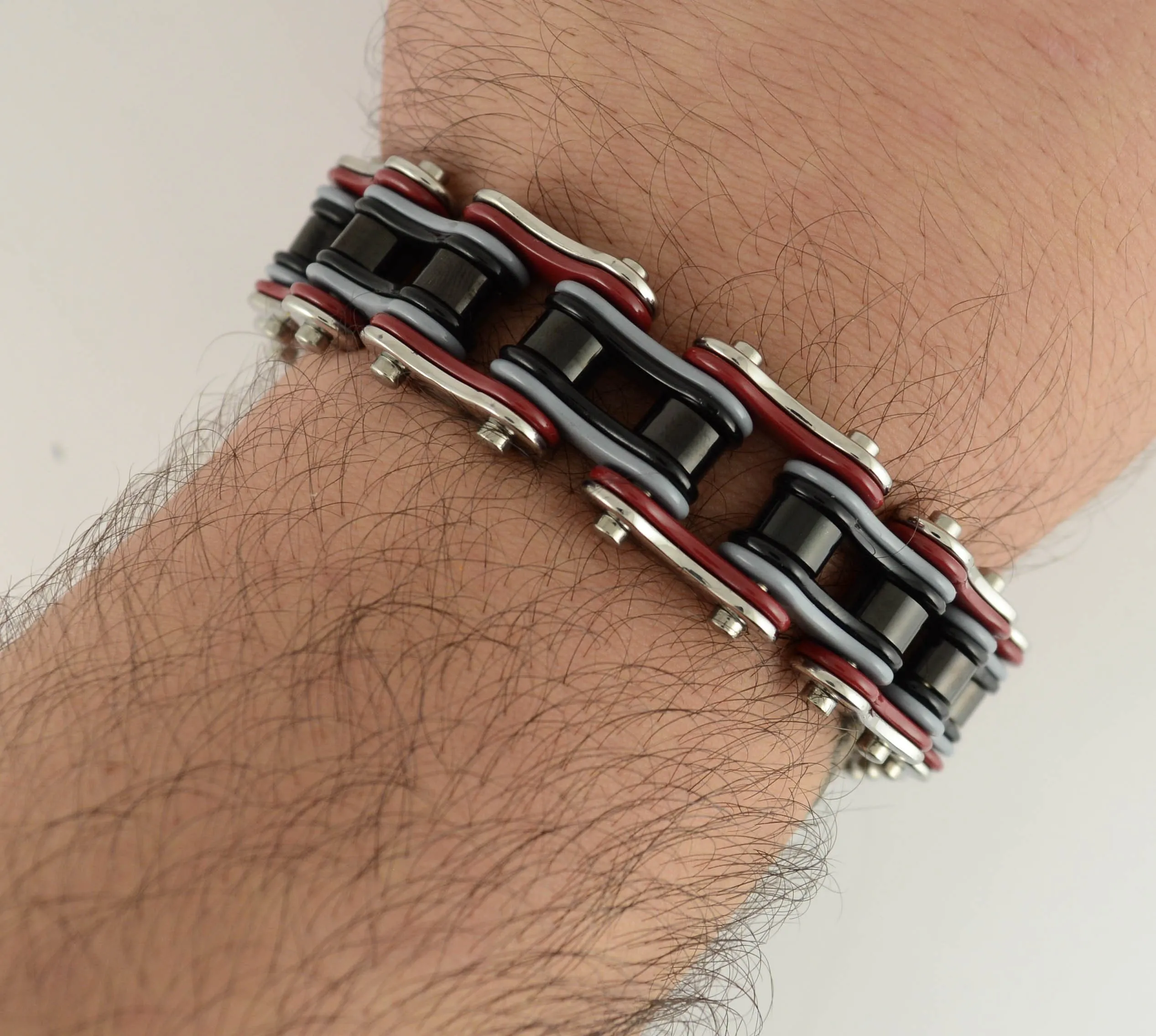 Quad Color Silver Red Grey Black 3/4" Wide Double Link Design Men's Stainless Steel Motorcycle Chain Bracelet