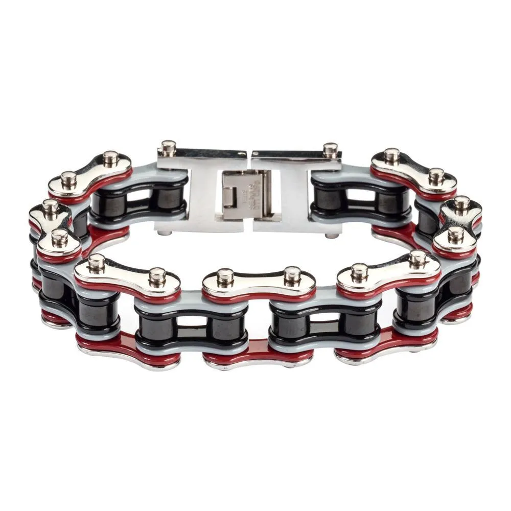 Quad Color Silver Red Grey Black 3/4" Wide Double Link Design Men's Stainless Steel Motorcycle Chain Bracelet