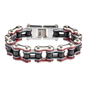 Quad Color Silver Red Grey Black 3/4" Wide Double Link Design Men's Stainless Steel Motorcycle Chain Bracelet