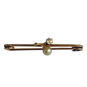 Rare White Natural Freshwater Pearl & Diamond Gold Mid 1900s Brooch
