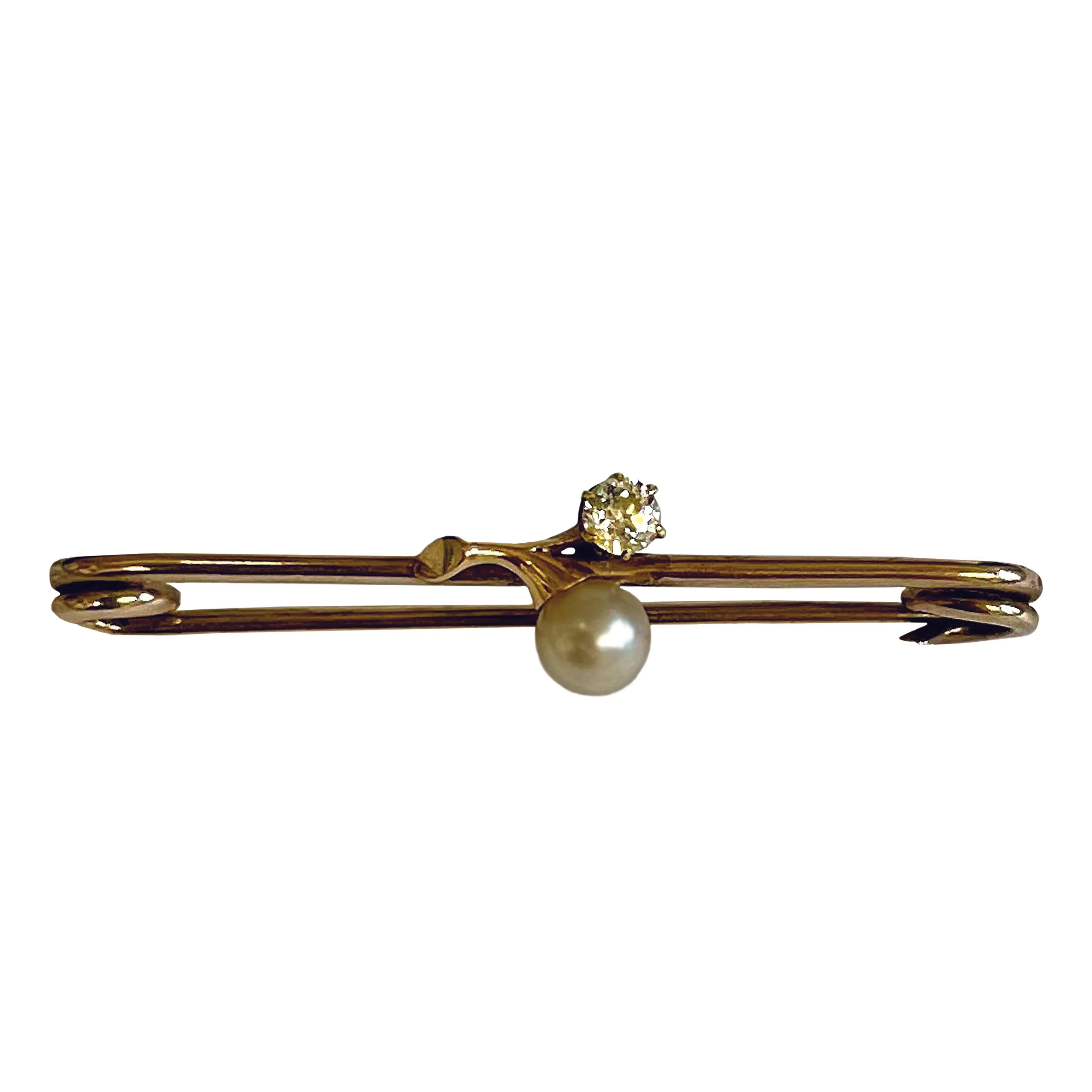 Rare White Natural Freshwater Pearl & Diamond Gold Mid 1900s Brooch