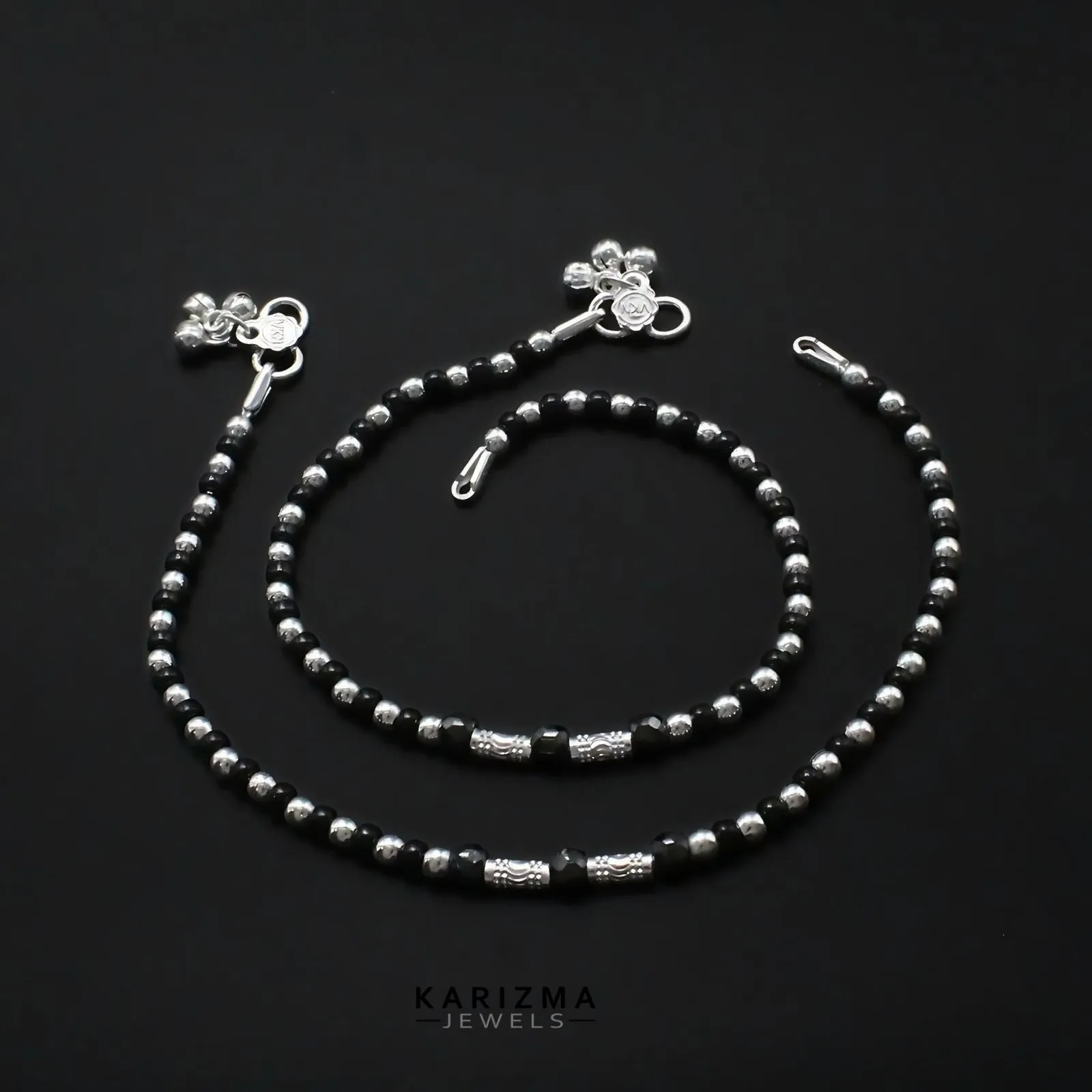 Real Sterling Silver women black beads daily wear Anklet Pair 10.3"
