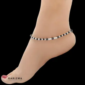 Real Sterling Silver women black beads daily wear Anklet Pair 10.3"