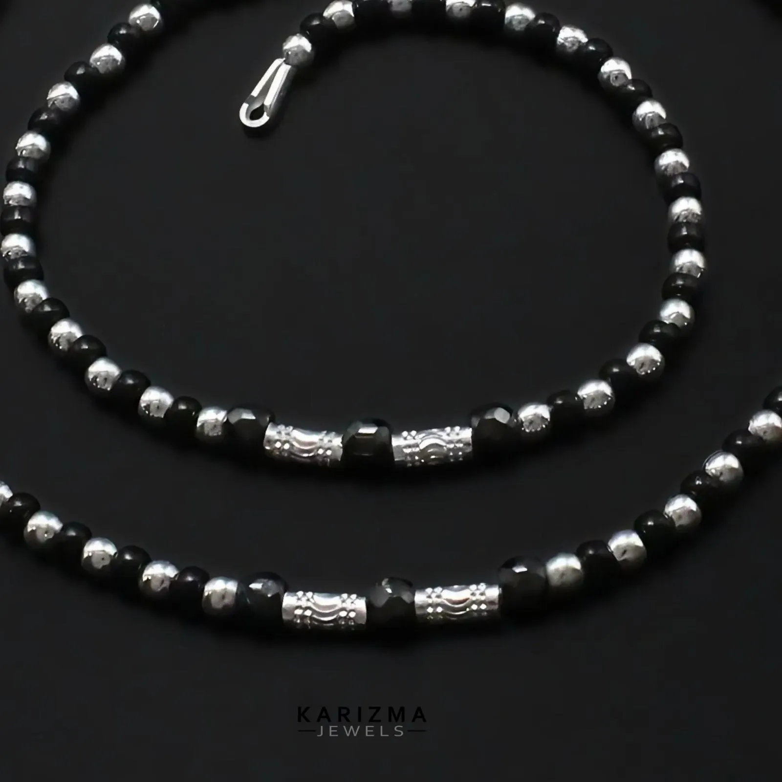Real Sterling Silver women black beads daily wear Anklet Pair 10.3"