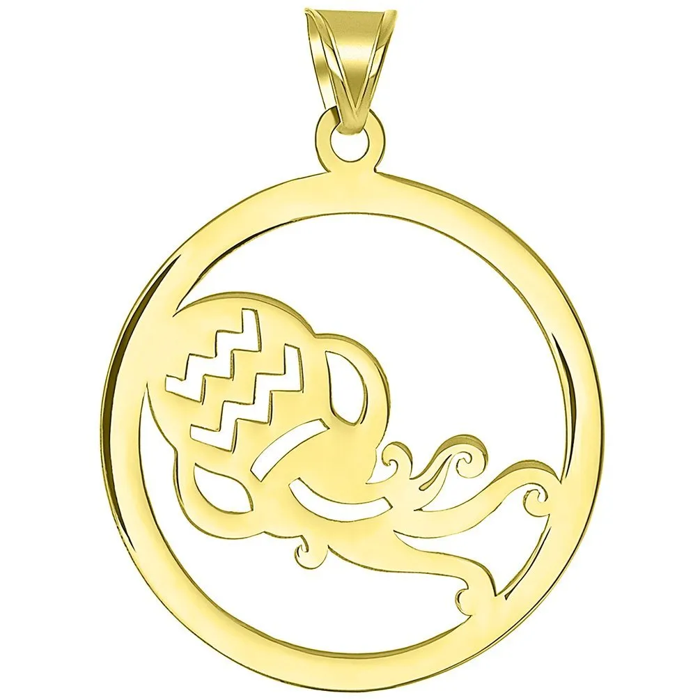 Solid 14k Yellow Gold Round Aquarius Zodiac Sign Cut-Out Vase Disc Pendant with Figaro Chain Necklace